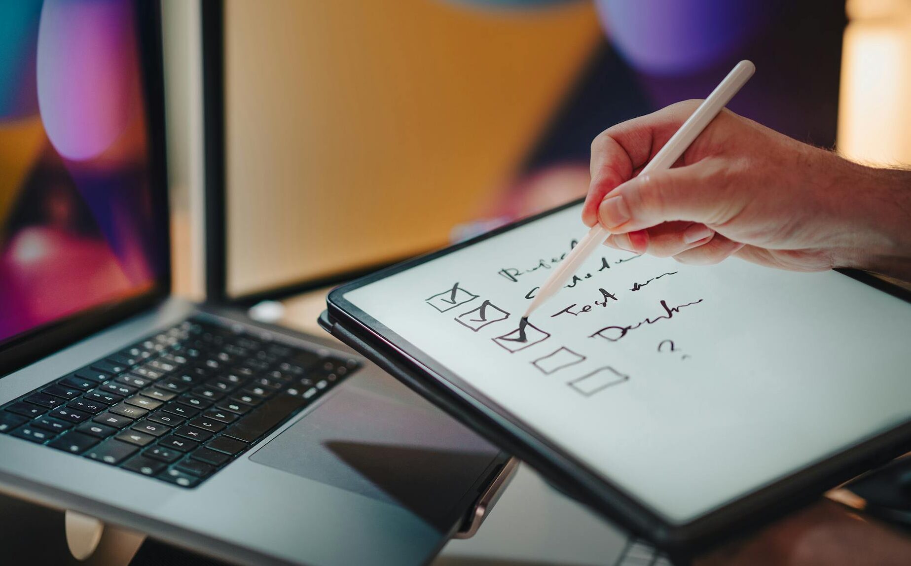 A hand writing on a tablet with stylus in a contemporary office setup featuring laptops and digital screens.